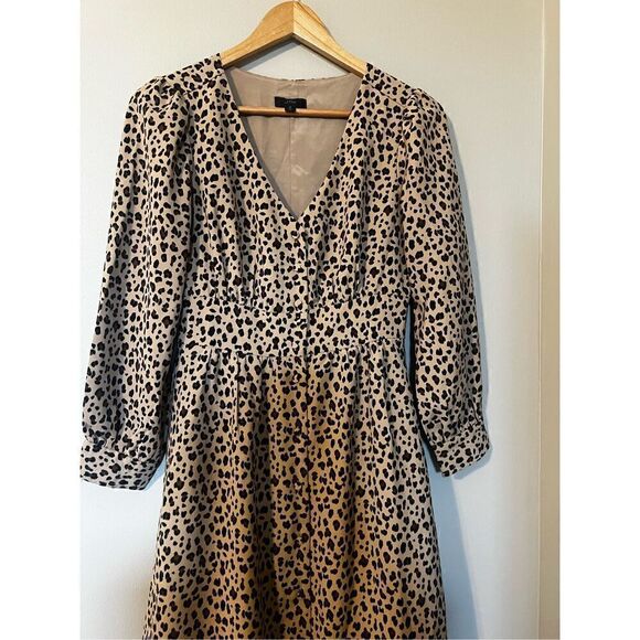 J Crew Women’s Size 0 Button Front A Line Midi Dress Tan Black Leopard Print - Picture 5 of 12